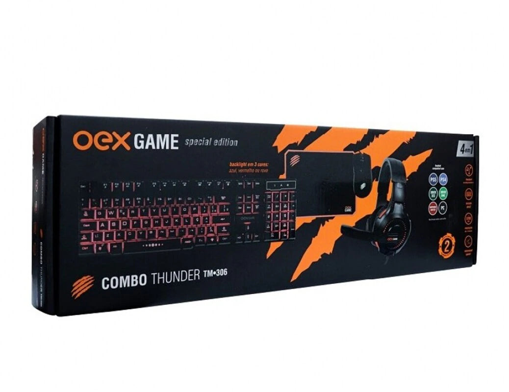 Kit Gamer Thunder Oex 4 em 1 Headset Multiplataforma, Teclado Rainbow, Mouse e Mousepad TM306 - Pret